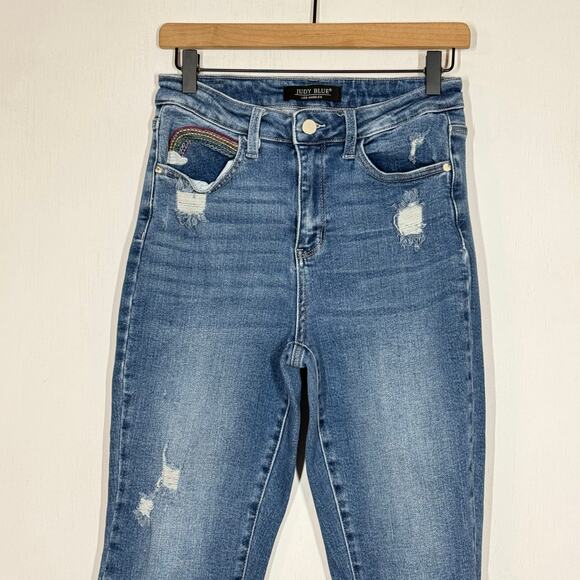 Judy Blue Jeans Size 5/27 Blue Denim Rainbow Embroidered High Rise Distressed - Picture 4 of 12